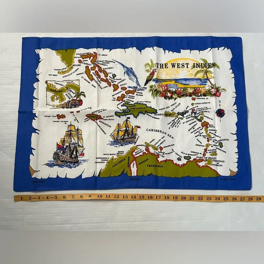 Irish Looms Linen The West Indies Map Tapestry Tea Towel - Blue and White